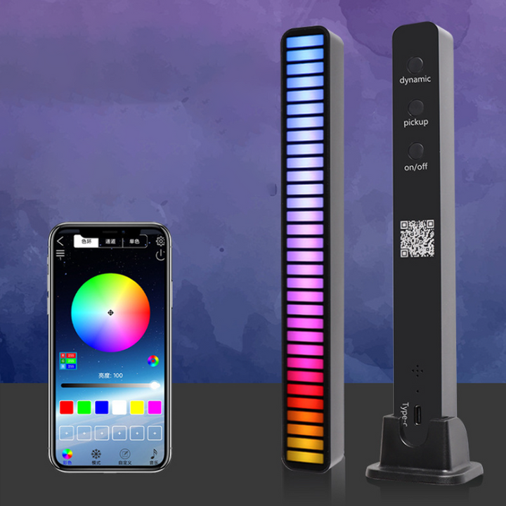"32-bitars LED Rytmljus med 32 färgglada LED-lampor i aluminiumdesign för dynamisk musikvisualisering, ljudstyrt ljus."