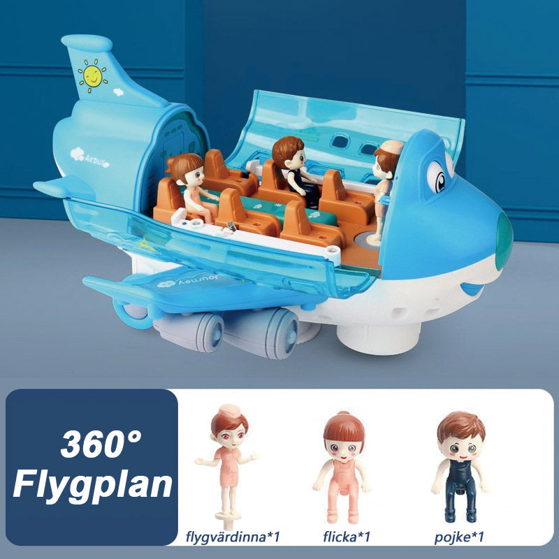 "360° roterande elektriskt leksaksflygplan för barn, glödande vingar, rörlig pilot, blå och rosa färg, stimulera kreativitet.