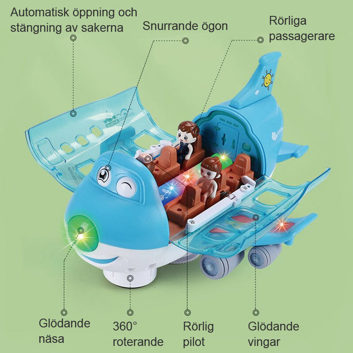 "360° roterande elektriskt leksaksflygplan för barn, glödande vingar, rörlig pilot, blå och rosa färg, stimulera kreativitet.