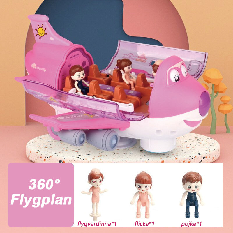"360° roterande elektriskt leksaksflygplan för barn, glödande vingar, rörlig pilot, blå och rosa färg, stimulera kreativitet.