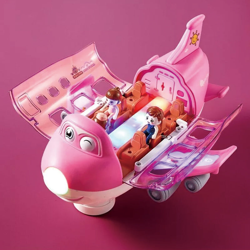 "360° roterande elektriskt leksaksflygplan för barn, glödande vingar, rörlig pilot, blå och rosa färg, stimulera kreativitet.