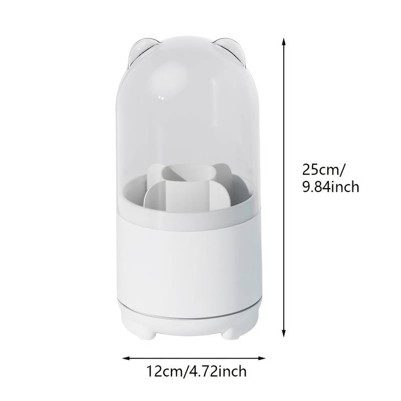 "360° roterande sminkförvaring med avtagbara lager, elegant design, flera fack för kosmetika, i hållbar plast."