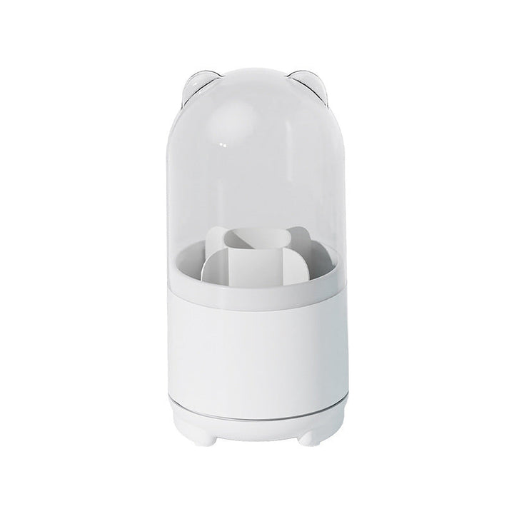 "360° roterande sminkförvaring med avtagbara lager, elegant design, flera fack för kosmetika, i hållbar plast."