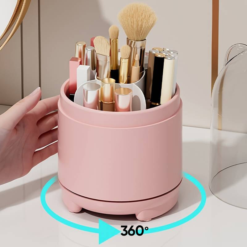 "360° roterande sminkförvaring med avtagbara lager, elegant design, flera fack för kosmetika, i hållbar plast."