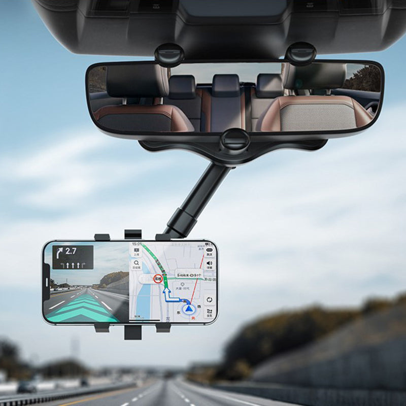 "360° roterbar biltelefonhållare för backspegel, justerbar arm, svart design, säker och praktisk användning"
