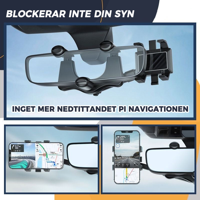 "360° roterbar biltelefonhållare för backspegel, justerbar arm, svart design, säker och praktisk användning"