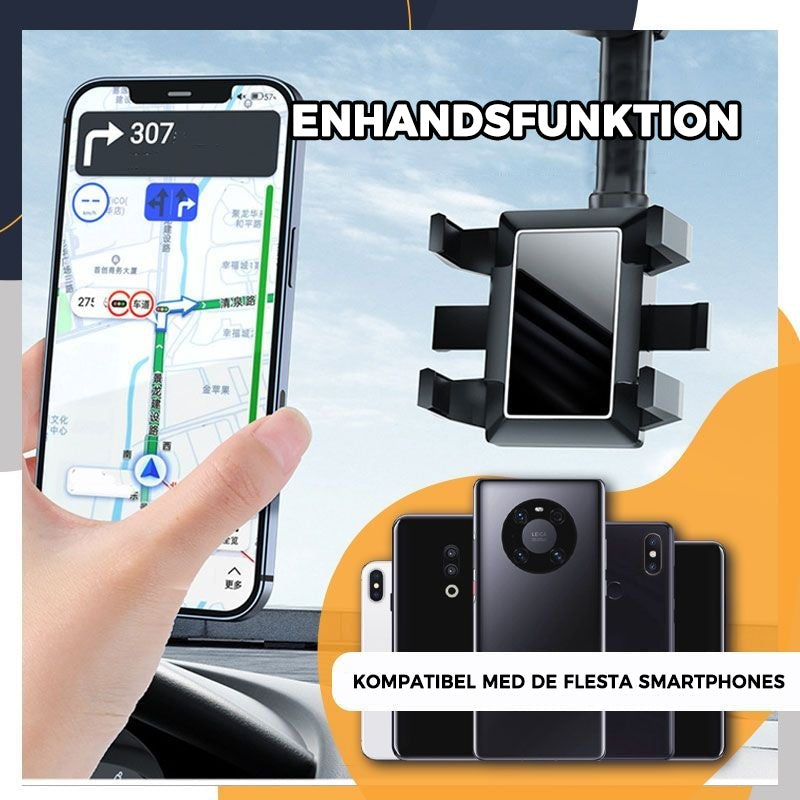 "360° roterbar biltelefonhållare för backspegel, justerbar arm, svart design, säker och praktisk användning"
