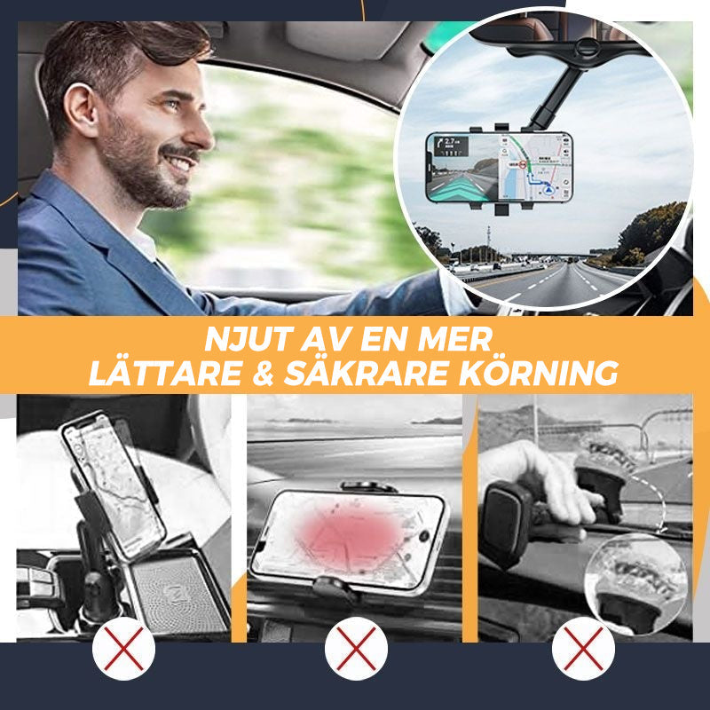 "360° roterbar biltelefonhållare för backspegel, justerbar arm, svart design, säker och praktisk användning"