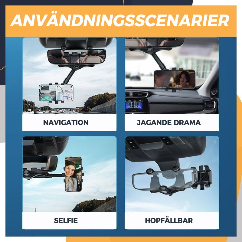 "360° roterbar biltelefonhållare för backspegel, justerbar arm, svart design, säker och praktisk användning"