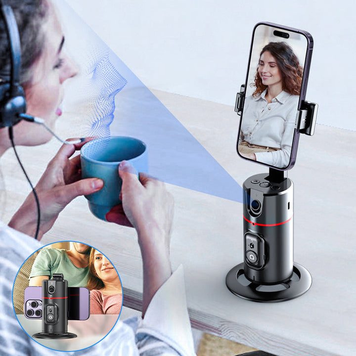 "360° smart tracking gimbal för stabila selfies, svart, med justerbart stativ och ansiktsigenkänning för enkel inspelning."