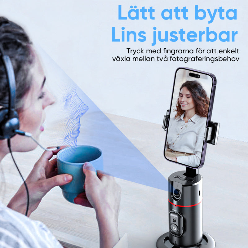 "360° smart tracking gimbal för stabila selfies, svart, med justerbart stativ och ansiktsigenkänning för enkel inspelning."