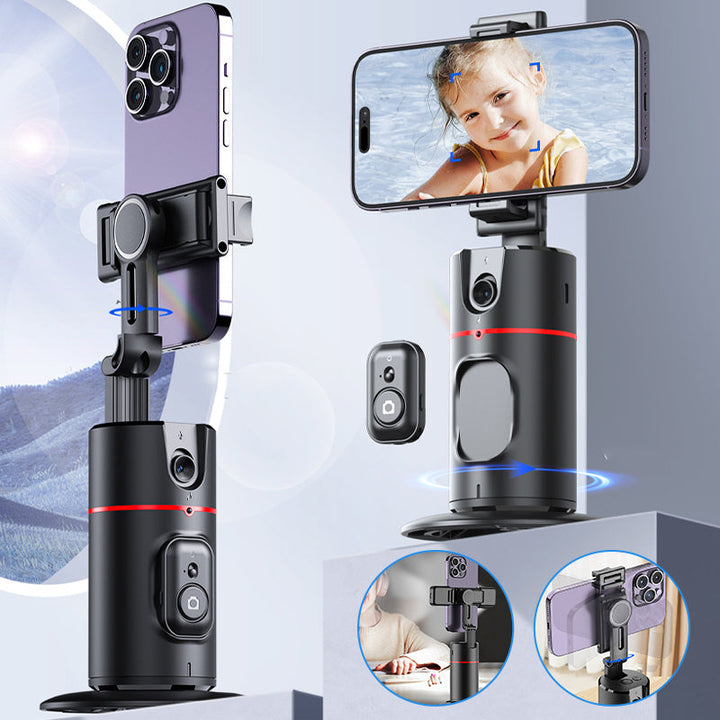 "360° smart tracking gimbal för stabila selfies, svart, med justerbart stativ och ansiktsigenkänning för enkel inspelning."