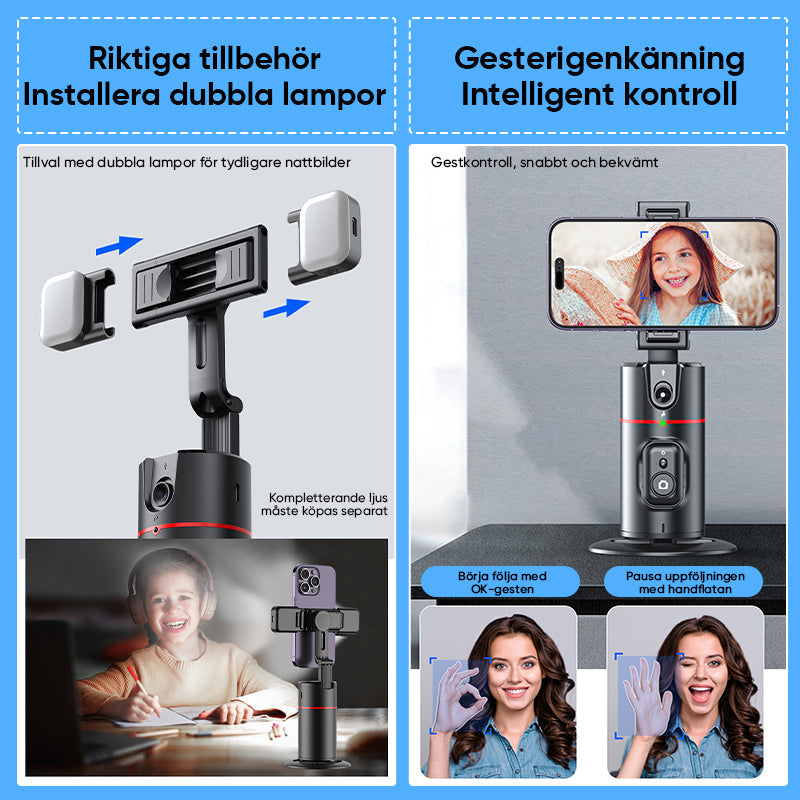"360° smart tracking gimbal för stabila selfies, svart, med justerbart stativ och ansiktsigenkänning för enkel inspelning."