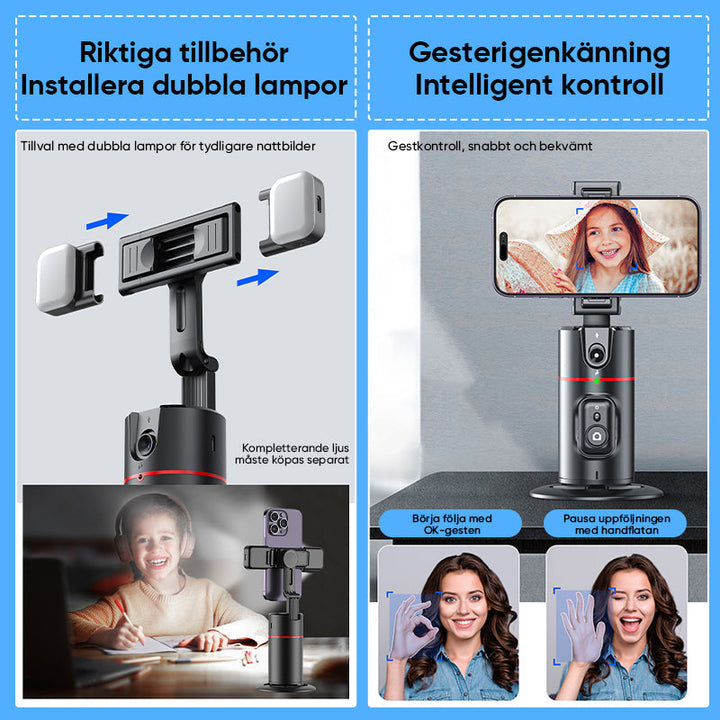 "360° smart tracking gimbal för stabila selfies, svart, med justerbart stativ och ansiktsigenkänning för enkel inspelning."