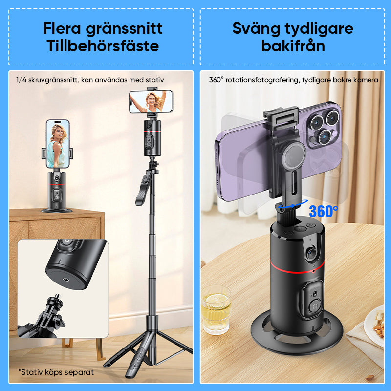 "360° smart tracking gimbal för stabila selfies, svart, med justerbart stativ och ansiktsigenkänning för enkel inspelning."