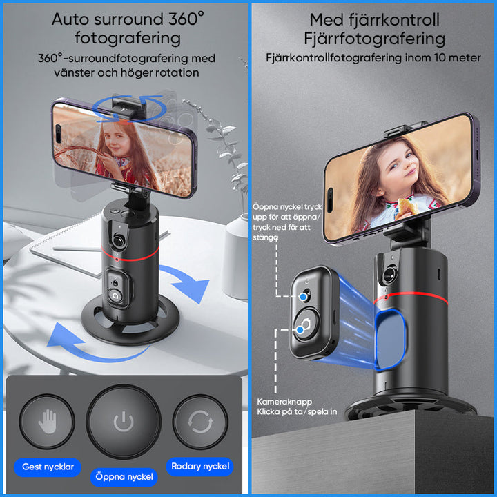 "360° smart tracking gimbal för stabila selfies, svart, med justerbart stativ och ansiktsigenkänning för enkel inspelning."