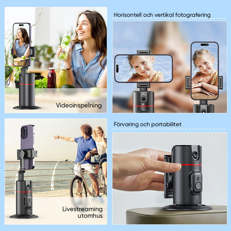 "360° smart tracking gimbal för stabila selfies, svart, med justerbart stativ och ansiktsigenkänning för enkel inspelning."