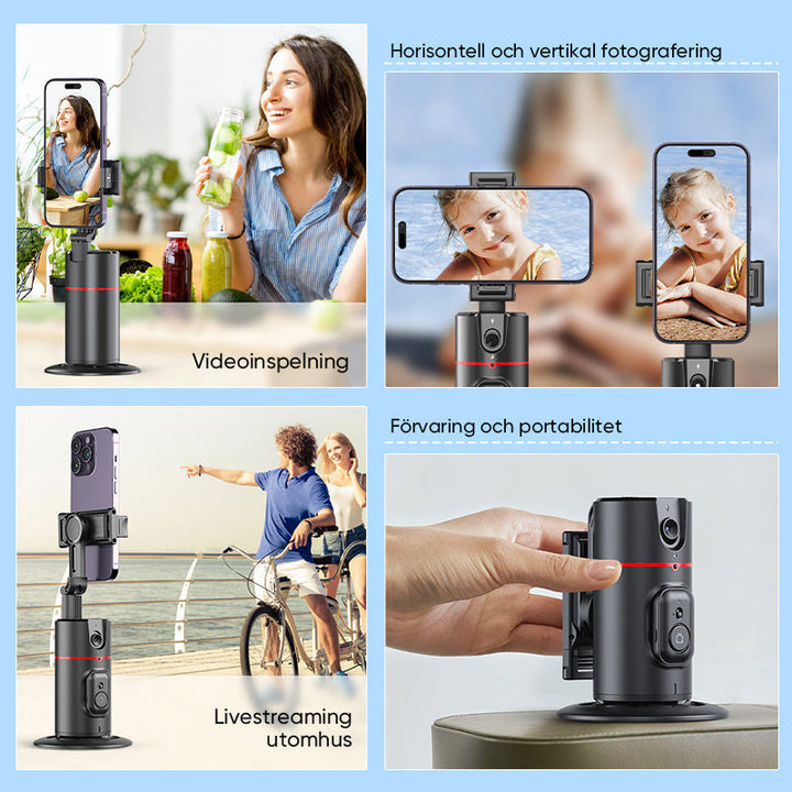 "360° smart tracking gimbal för stabila selfies, svart, med justerbart stativ och ansiktsigenkänning för enkel inspelning."