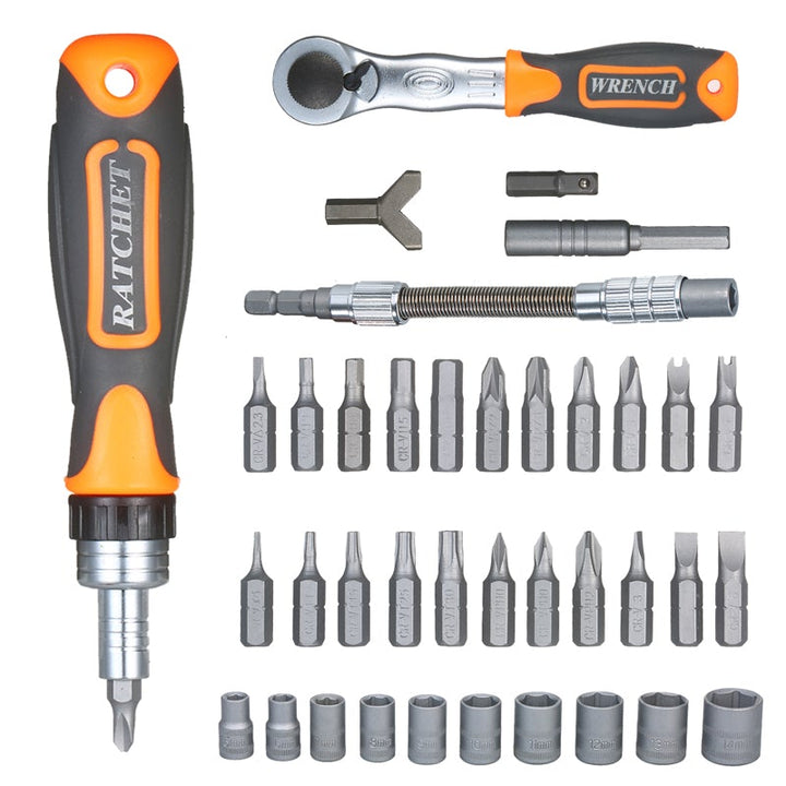 "38-i-1 precisionsskruvmejselset med magnetisk funktion, ergonomisk design och CRV-material, perfekt för DIY-projekt."