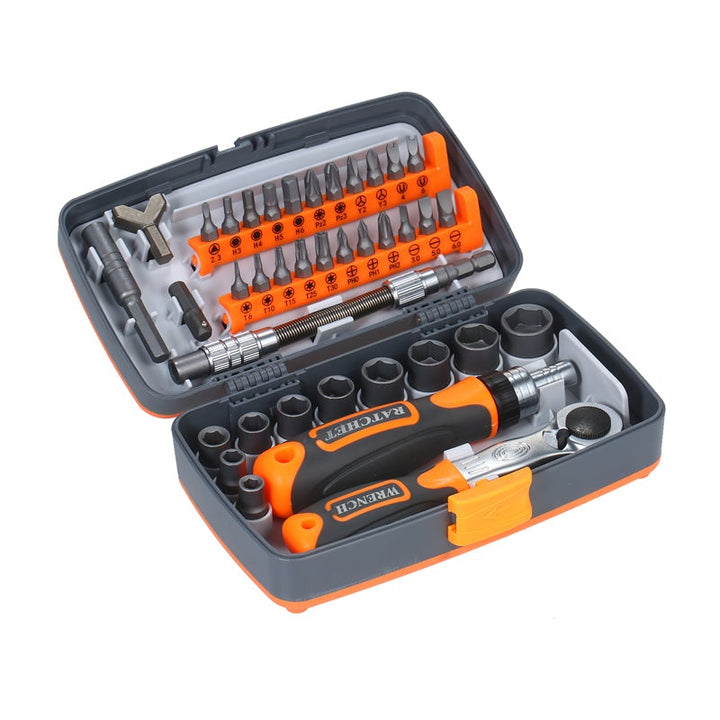 "38-i-1 precisionsskruvmejselset med magnetisk funktion, ergonomisk design och CRV-material, perfekt för DIY-projekt."