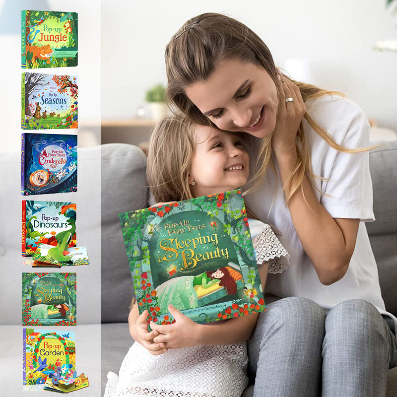 "3D-bilderbok Pop-up för barn, med färgglada sagoscener och fantasifulla pop-up-effekter, öppnas på en mysig läsning."