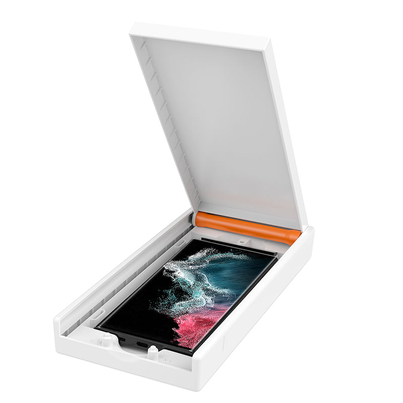 "3D-böjd hybridglas skärmskyddsfilm och återanvändbar installationslåda för Galaxy S23 Ultra skärmskydd."
