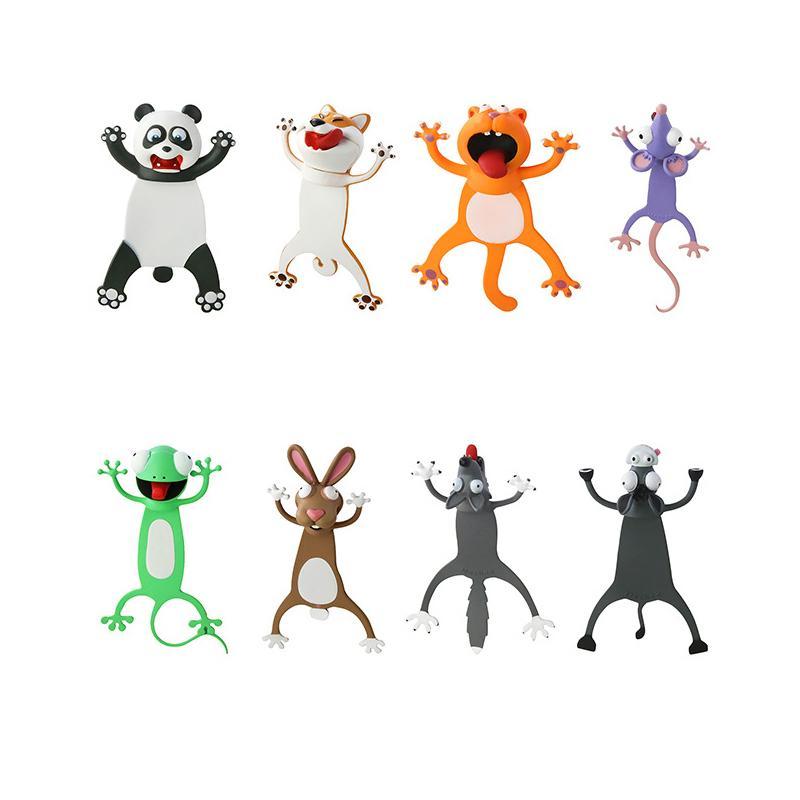 "3D-djurbokmärken för barn i färgglad PVC, djurmotiv som panda och hund, perfekt lästillbehör och prydnad."