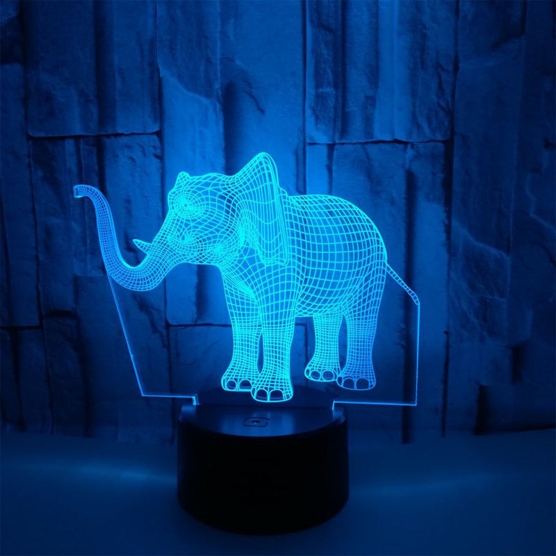 "3D illusionslampa med elefantdesign, ljus i akryl och multifärgad belysning, perfekt för inredning och dekoration."