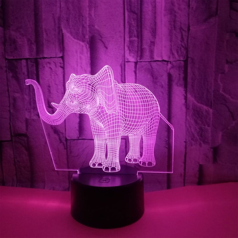 "3D illusionslampa med elefantdesign, ljus i akryl och multifärgad belysning, perfekt för inredning och dekoration."