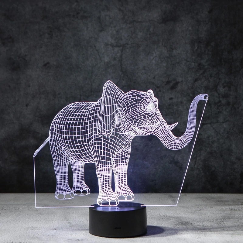 "3D illusionslampa med elefantdesign, ljus i akryl och multifärgad belysning, perfekt för inredning och dekoration."