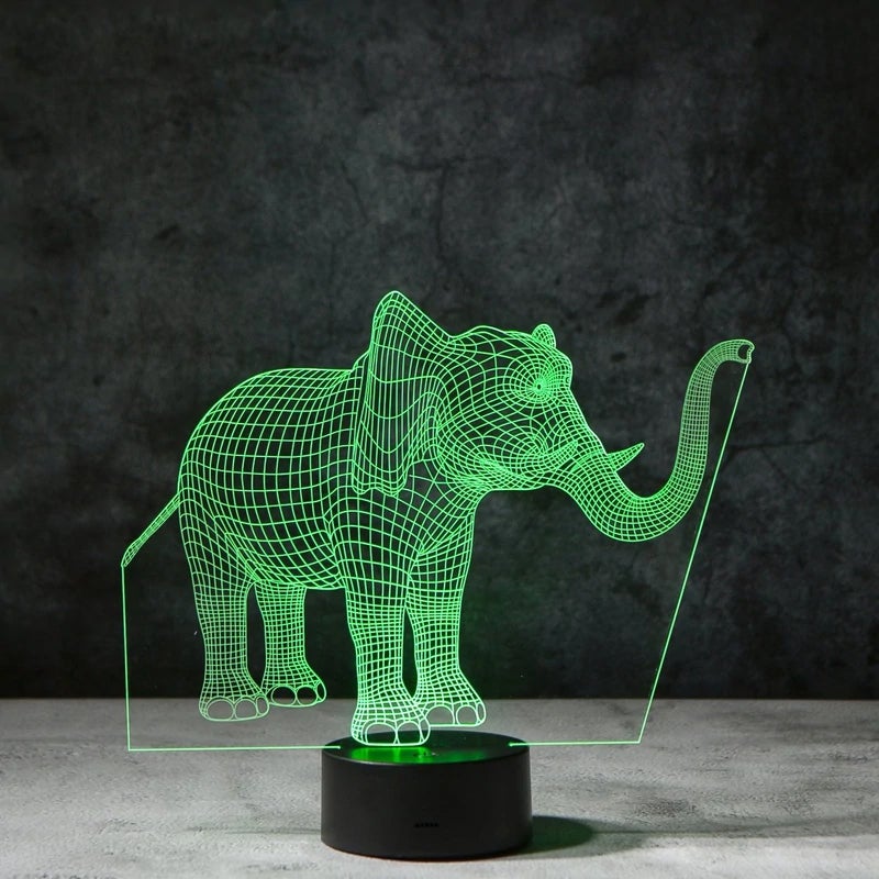 "3D illusionslampa med elefantdesign, ljus i akryl och multifärgad belysning, perfekt för inredning och dekoration."
