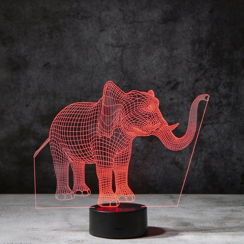"3D illusionslampa med elefantdesign, ljus i akryl och multifärgad belysning, perfekt för inredning och dekoration."