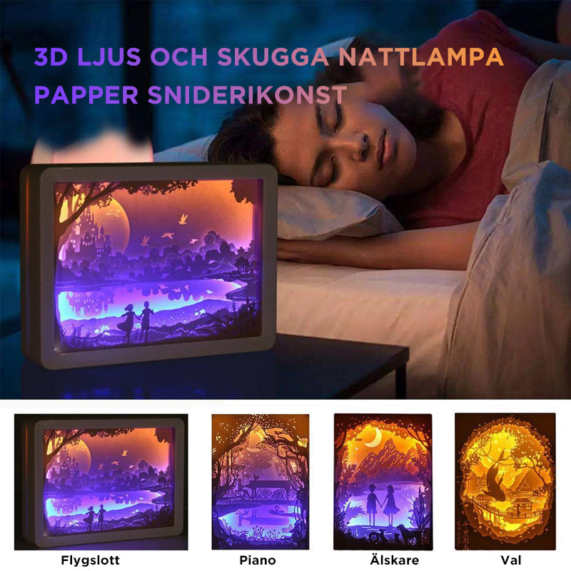 "3D papperssnideri nattlampa i vit och trä, lyser mjukt och ger en unik dekor i hemmet. Perfekt för stämningsfull belysning."