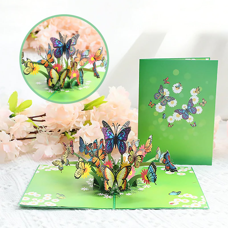"3D popup-kort prytt med färgglada fjärilar och blommor, perfekt vårpresent i högkvalitativt färgkortspapper."