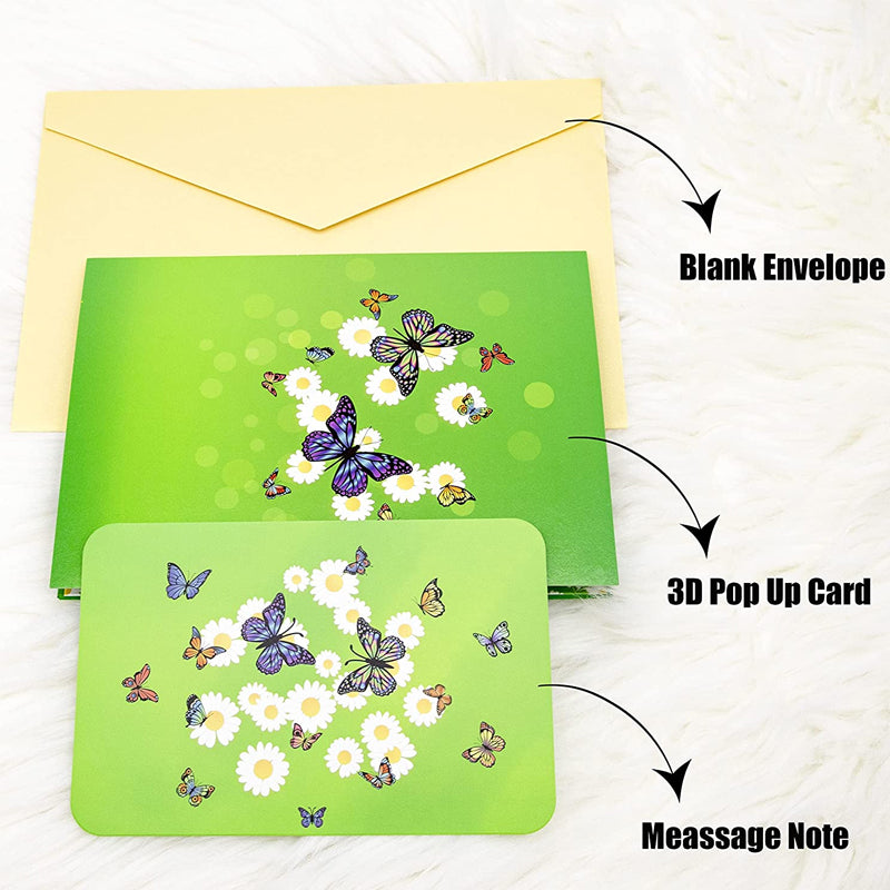"3D popup-kort prytt med färgglada fjärilar och blommor, perfekt vårpresent i högkvalitativt färgkortspapper."