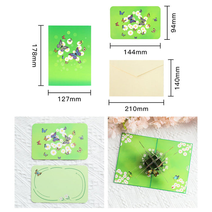 "3D popup-kort prytt med färgglada fjärilar och blommor, perfekt vårpresent i högkvalitativt färgkortspapper."