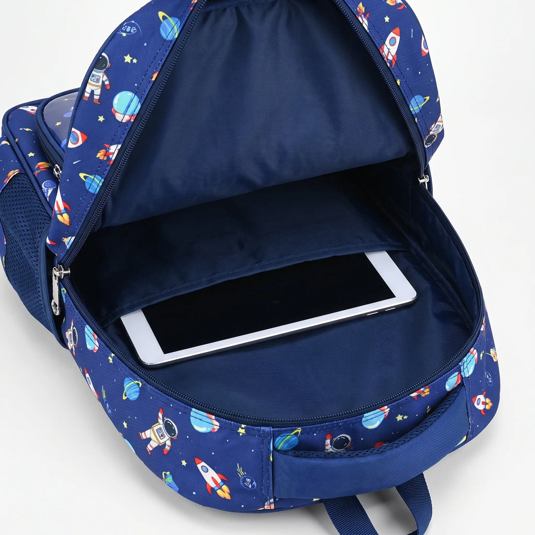 Ergonomisk skolryggsäck för barn, med coolt 3D-rymdmotiv. Idealisk för förskola och lågstadiet.