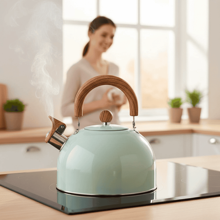 Modern rostfri 3L vattenkokare med visselpipa, ergonomiskt handtag för snabb och effektiv uppvärmning.