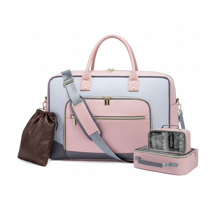 Komplett 4-delars reseset för smidig organisation. Handbagage-kompatibel weekendväska, necessär, laptopväska för resan.