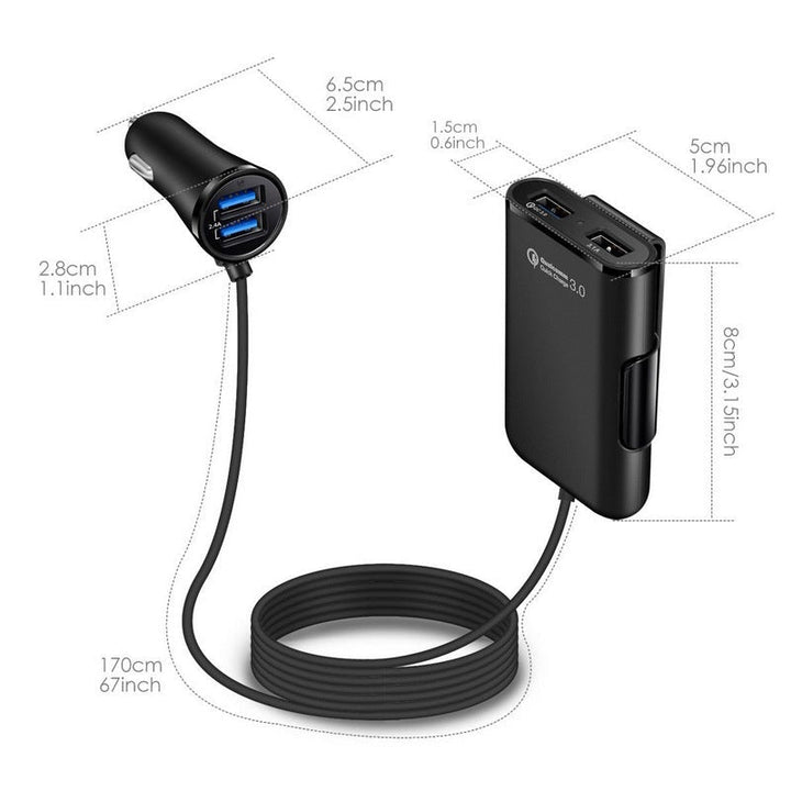 4-i-1 bilbaksätesladdare för snabbladdning, fyra USB-portar, QC3.0 teknik. Perfekt för resor, laddar flera enheter.