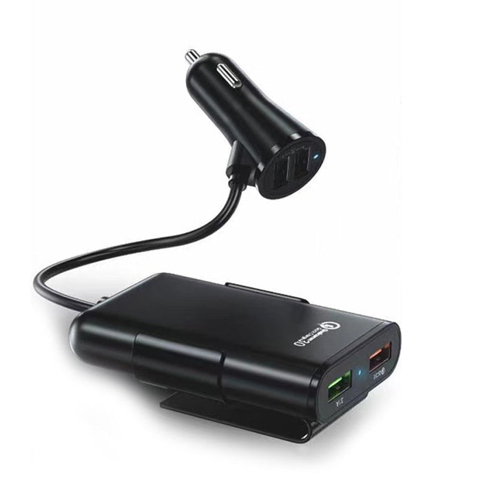 4-i-1 bilbaksätesladdare för snabbladdning, fyra USB-portar, QC3.0 teknik. Perfekt för resor, laddar flera enheter.