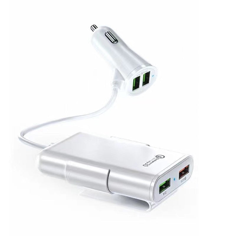 4-i-1 bilbaksätesladdare för snabbladdning, fyra USB-portar, QC3.0 teknik. Perfekt för resor, laddar flera enheter.