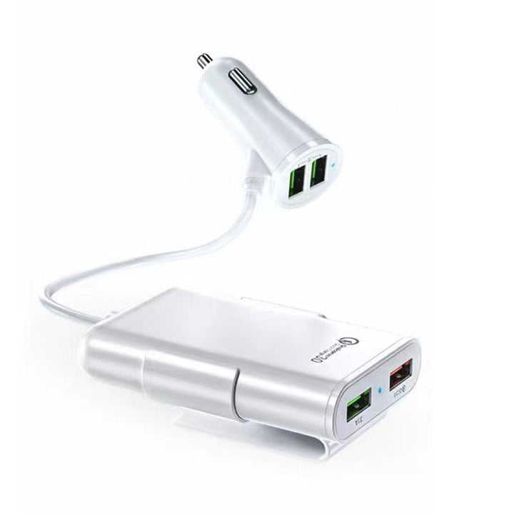 4-i-1 bilbaksätesladdare för snabbladdning, fyra USB-portar, QC3.0 teknik. Perfekt för resor, laddar flera enheter.