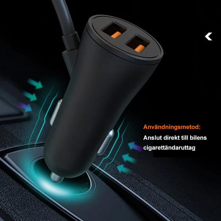 4-i-1 bilbaksätesladdare för snabbladdning, fyra USB-portar, QC3.0 teknik. Perfekt för resor, laddar flera enheter.