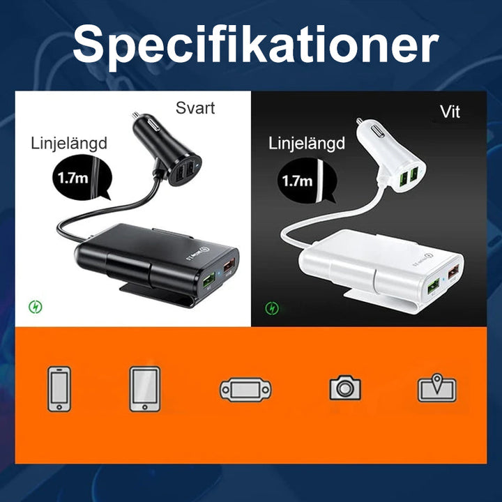 4-i-1 bilbaksätesladdare för snabbladdning, fyra USB-portar, QC3.0 teknik. Perfekt för resor, laddar flera enheter.