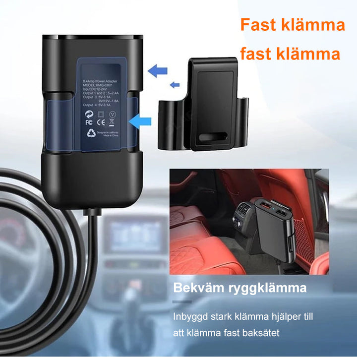 4-i-1 bilbaksätesladdare för snabbladdning, fyra USB-portar, QC3.0 teknik. Perfekt för resor, laddar flera enheter.