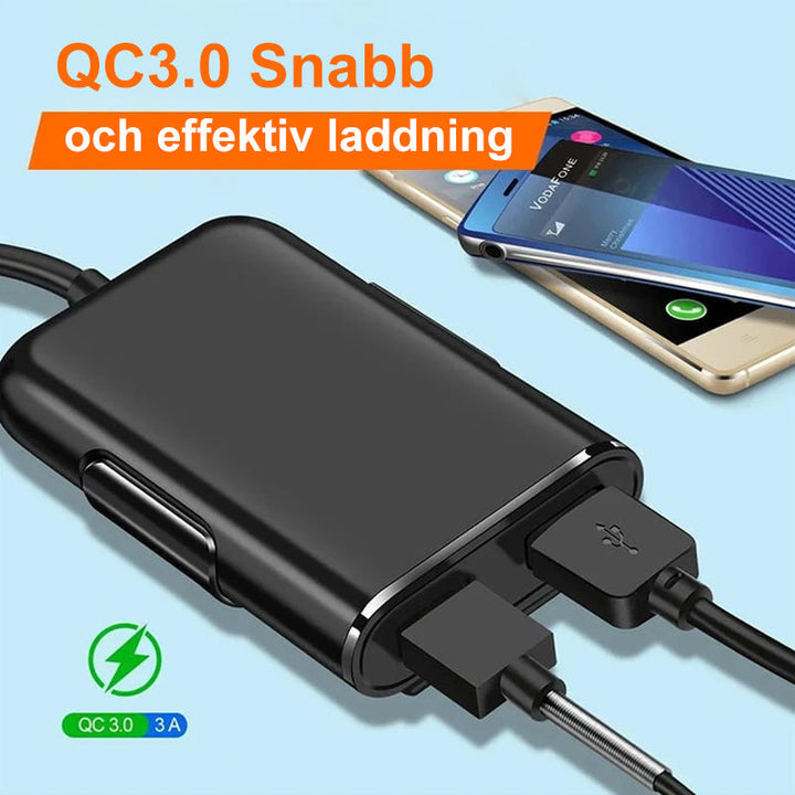 4-i-1 bilbaksätesladdare för snabbladdning, fyra USB-portar, QC3.0 teknik. Perfekt för resor, laddar flera enheter.