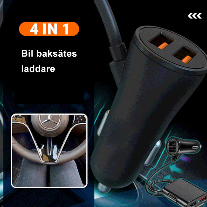 4-i-1 bilbaksätesladdare för snabbladdning, fyra USB-portar, QC3.0 teknik. Perfekt för resor, laddar flera enheter.