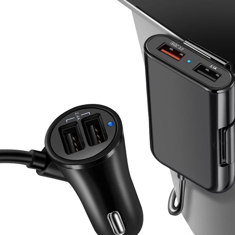 4-i-1 bilbaksätesladdare för snabbladdning, fyra USB-portar, QC3.0 teknik. Perfekt för resor, laddar flera enheter.