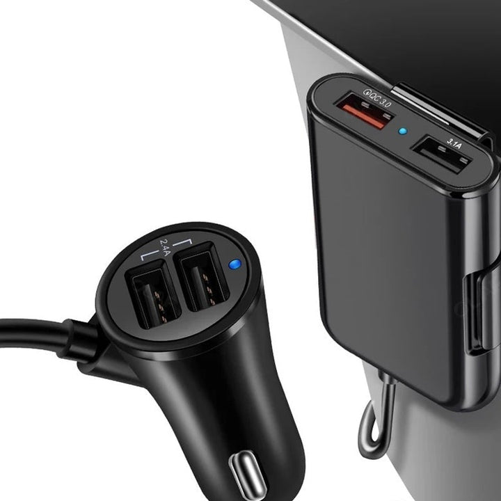 4-i-1 bilbaksätesladdare för snabbladdning, fyra USB-portar, QC3.0 teknik. Perfekt för resor, laddar flera enheter.